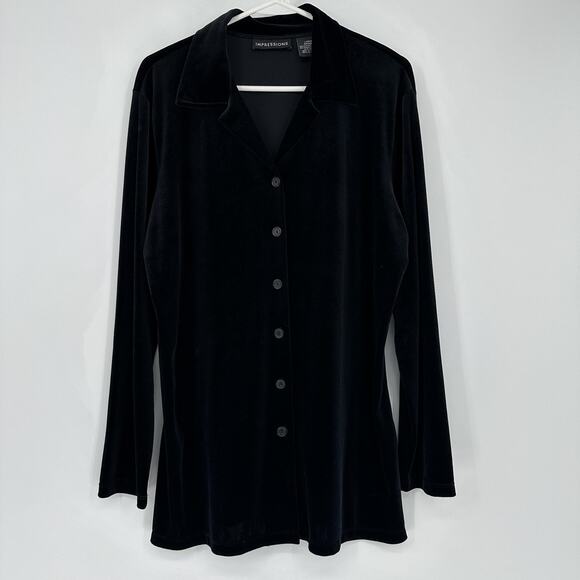 Impressions Tops - Impressions Black Velvet Button Front Tunic Top Womens L Soft Grunge Boho Glam